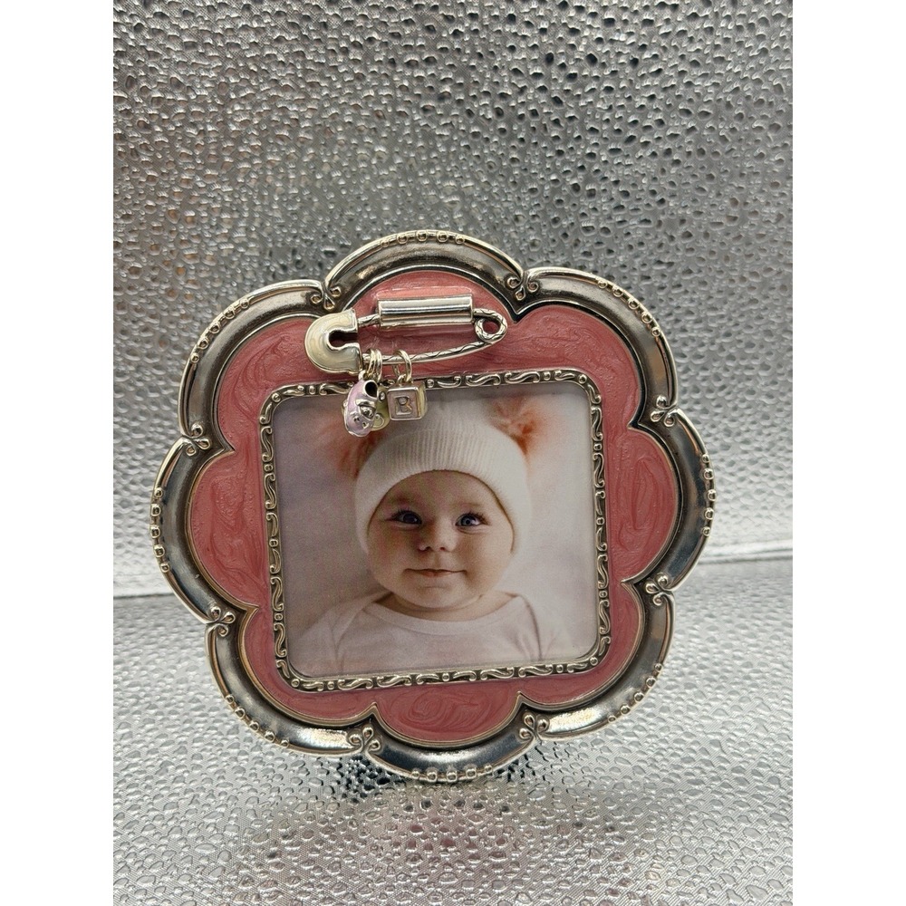 Brighton Baby Girl Picture Frame 4.5" Pink Enamel Silver Tone Nursery Decor